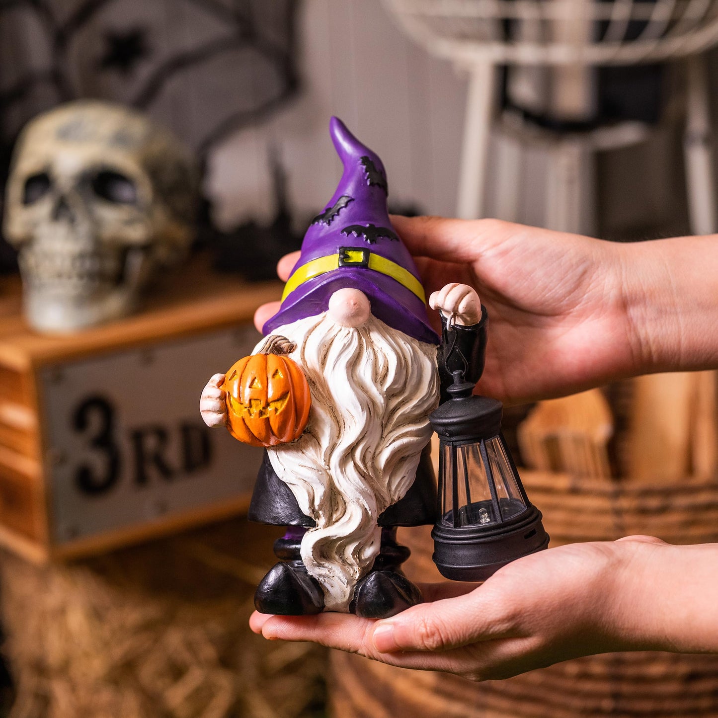 TERESA'S COLLECTIONS Halloween Decorations Garden Gnomes Statues with Solar Lights,Cute Purple Bat Hat Resin Decor with Lantern for Home,Table,Outdoor,Yard,Pumpkin Jack-o-Lanterns,Gifts for Party,8"
