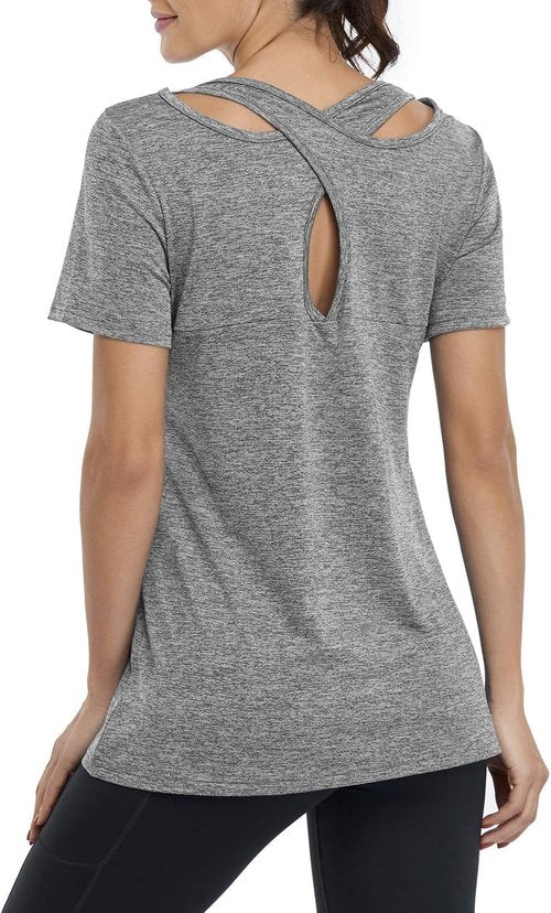 Kimmery Women's Yoga Shirt - Short Sleeve Round Neck with Criss Cross Back Design