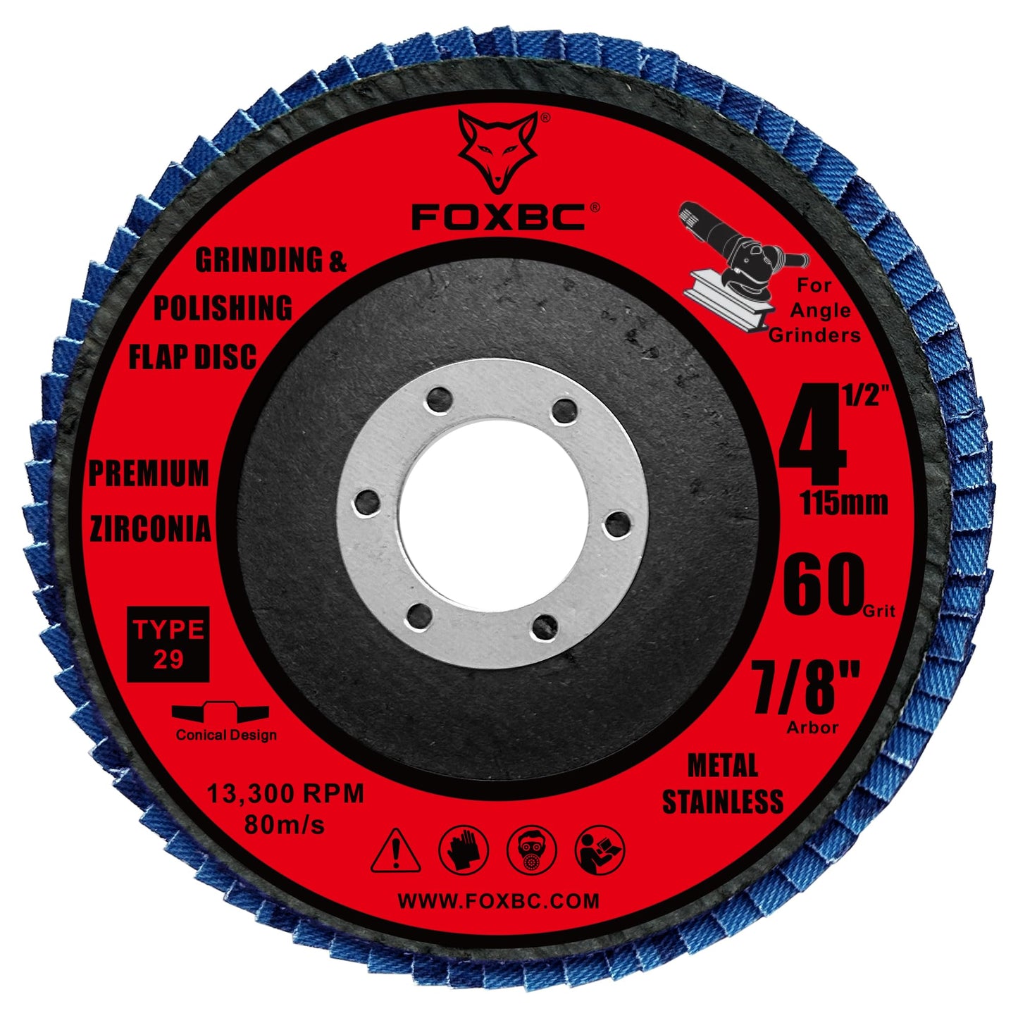 FOXBC 4-1/2 inch Flap Disc 60 Grit for Angle Grinder, Type 29, Premium Zirconium Grinding and Polishing for Metal, 10 Pack