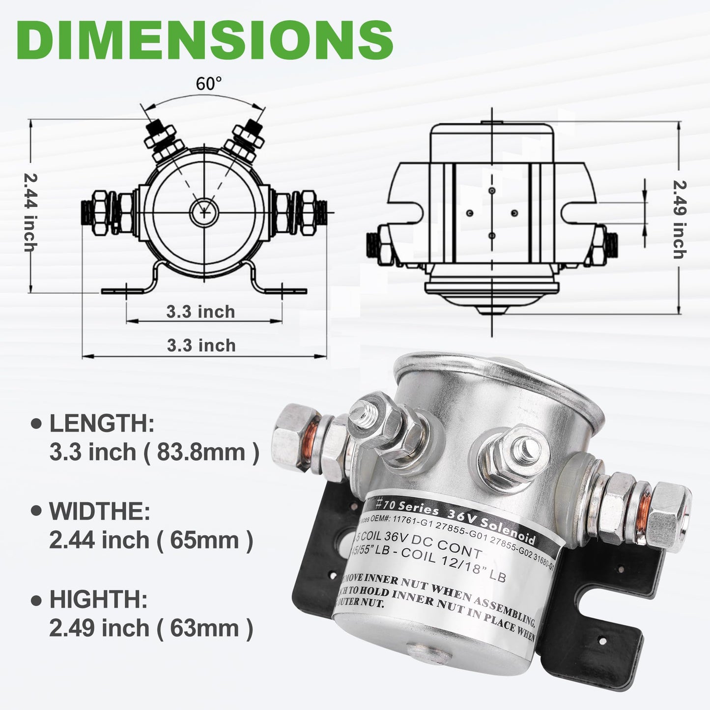 10L0L Golf Cart Solenoid 36 Volt, #70 Series Continuous Duty Solenoid Relay for EZGO TXT/Marathon 1980-2010 Electric Golf Cart, Replace OEM# 27855G01, 11761G1, 27855G02, 31680G1, 3016