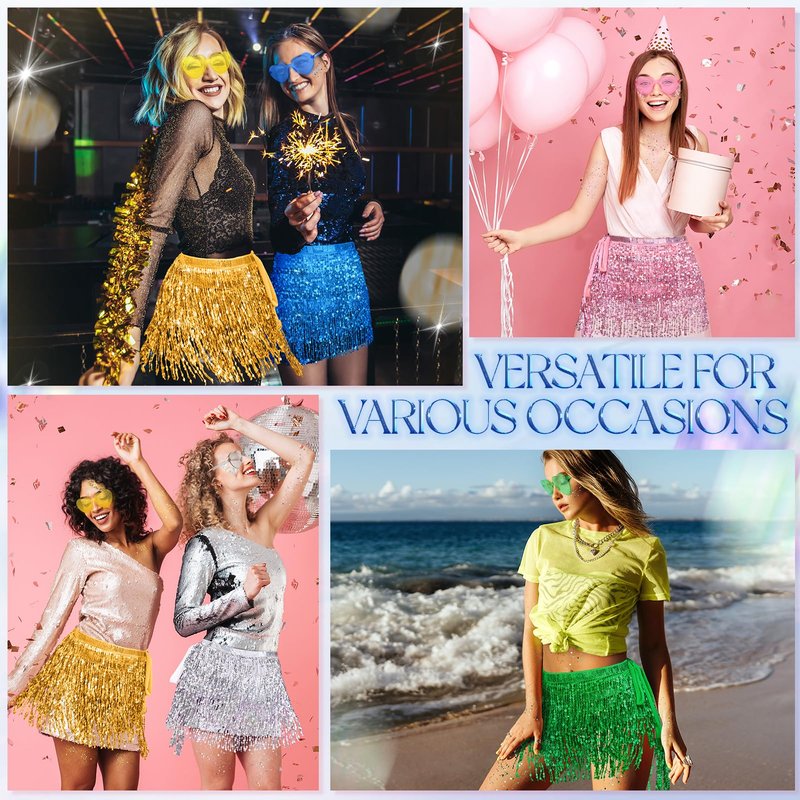 Womens Sequin Tassel Skirt Belly Dance Hip Scarf Sparkly Fringe Skirt Set with Heart Sunglasses and Face Glitter for Festival Rave Party Blue(3Pcs)