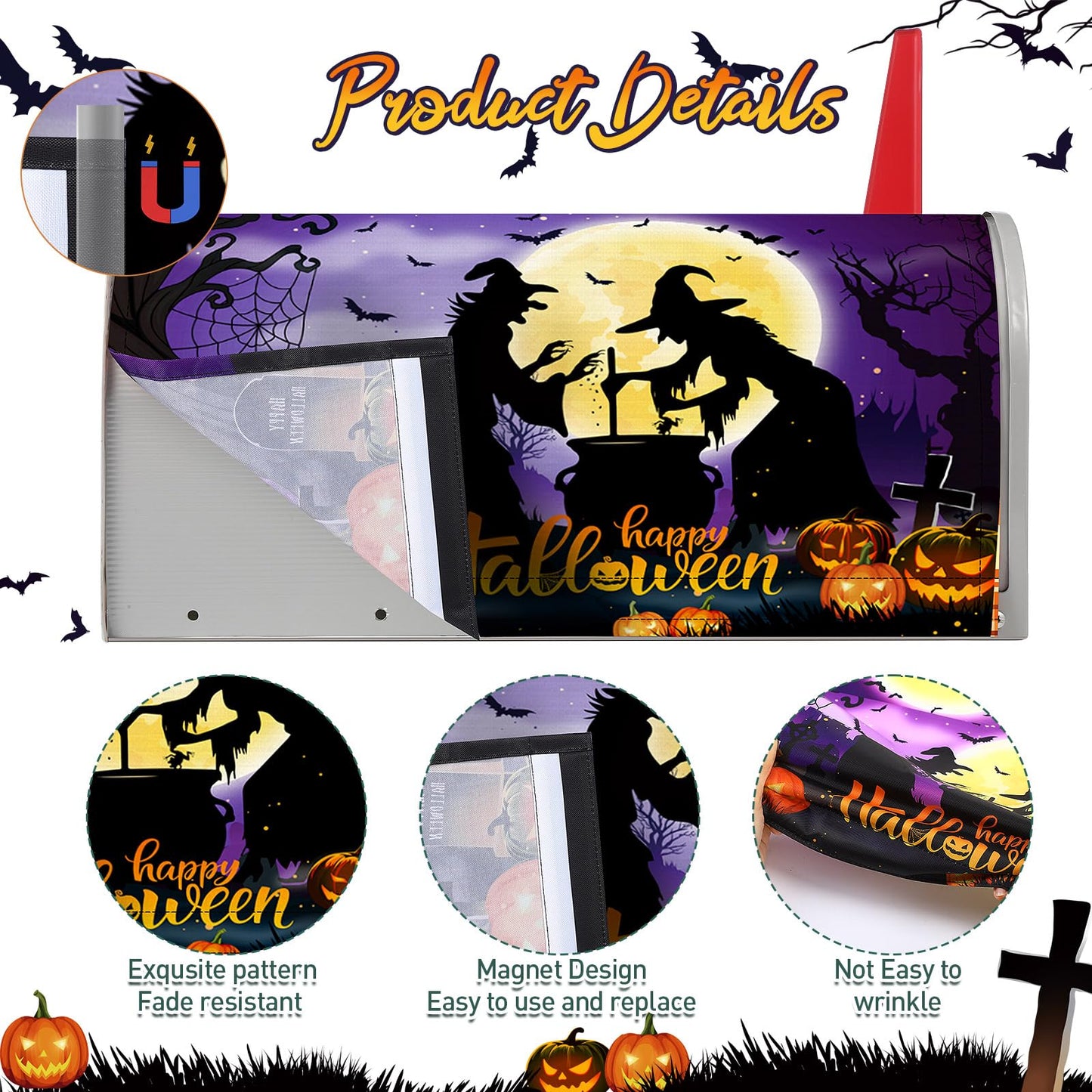 Teenyyou Halloween Mailbox Covers Magnetic Standard Size 21"x18" Fall Pumpkins Mailbox Cover Wraps Witch Ghost Black Cat Letter Post Box Cover for All Saint's Day Decor(Witch)