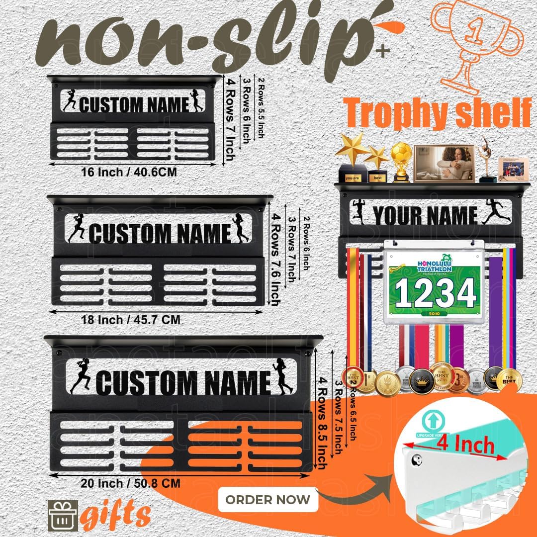 Personalized Medal Holder - Custom Name Display Rack for 63 Awards Ribbons | Metal Wall Mount Hanger for Athletes