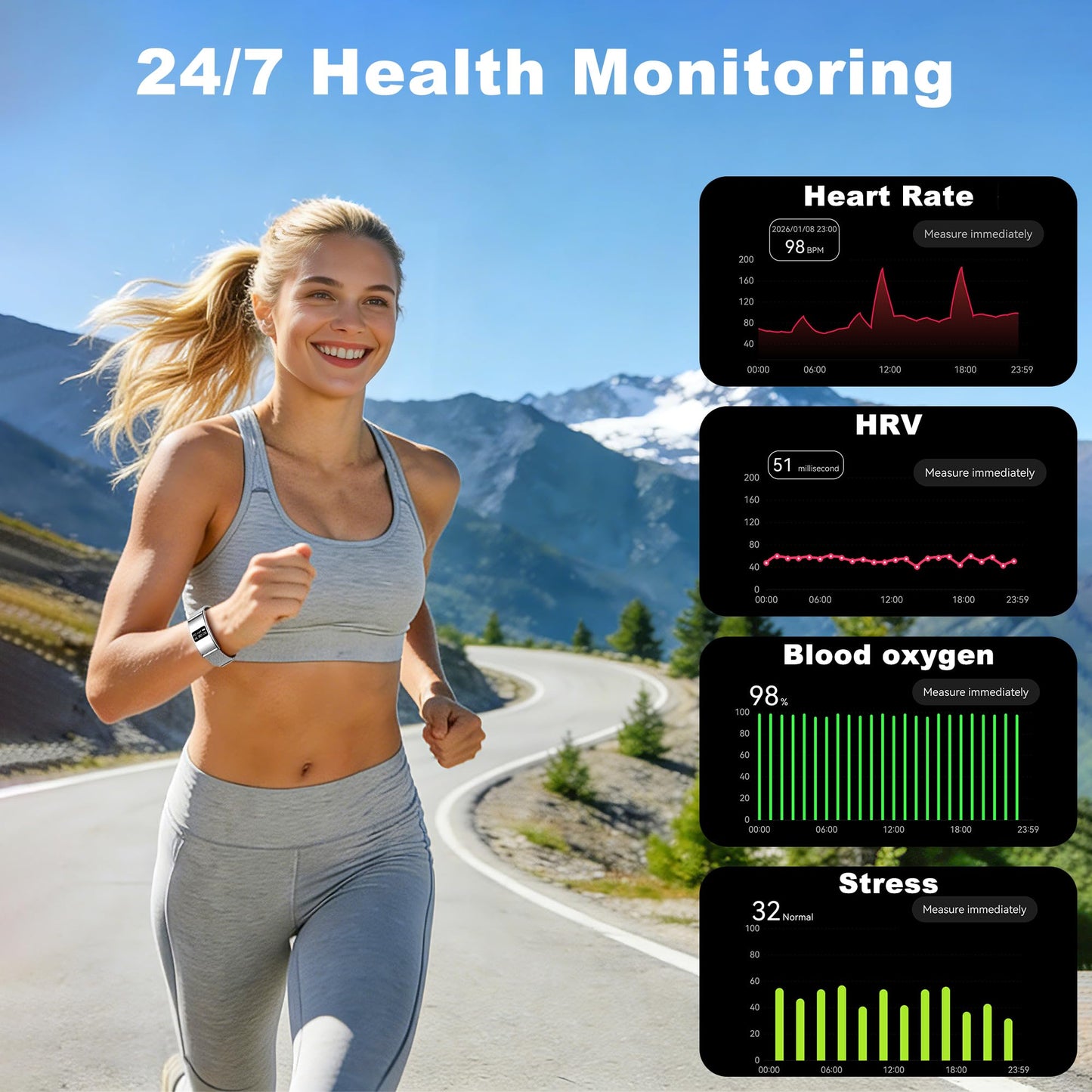 Irondance Smart Bracelet for Women Men, Activity & Fitness Trackers/SpO2/Heart Rate/Sleep Stress/1ATM Waterproof,Automatic Monitoring Wearable Fitness Tracker with Free App,2 Bands