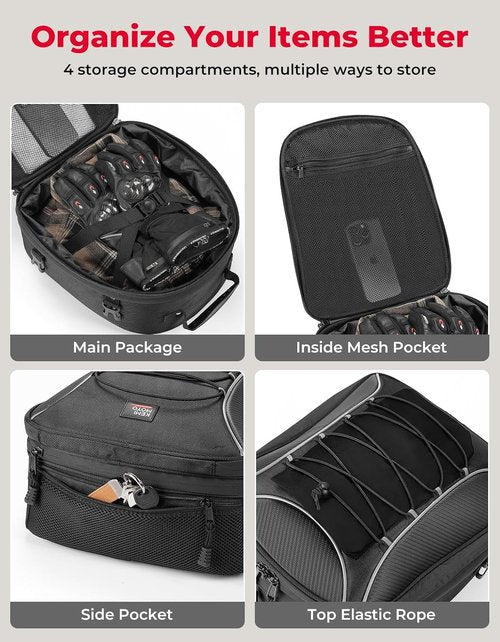 KEMIMOTO Motorcycle Tail Bag - Expandable 22L-34L Waterproof Rear Seat Luggage with Rain Cover & 6 Straps