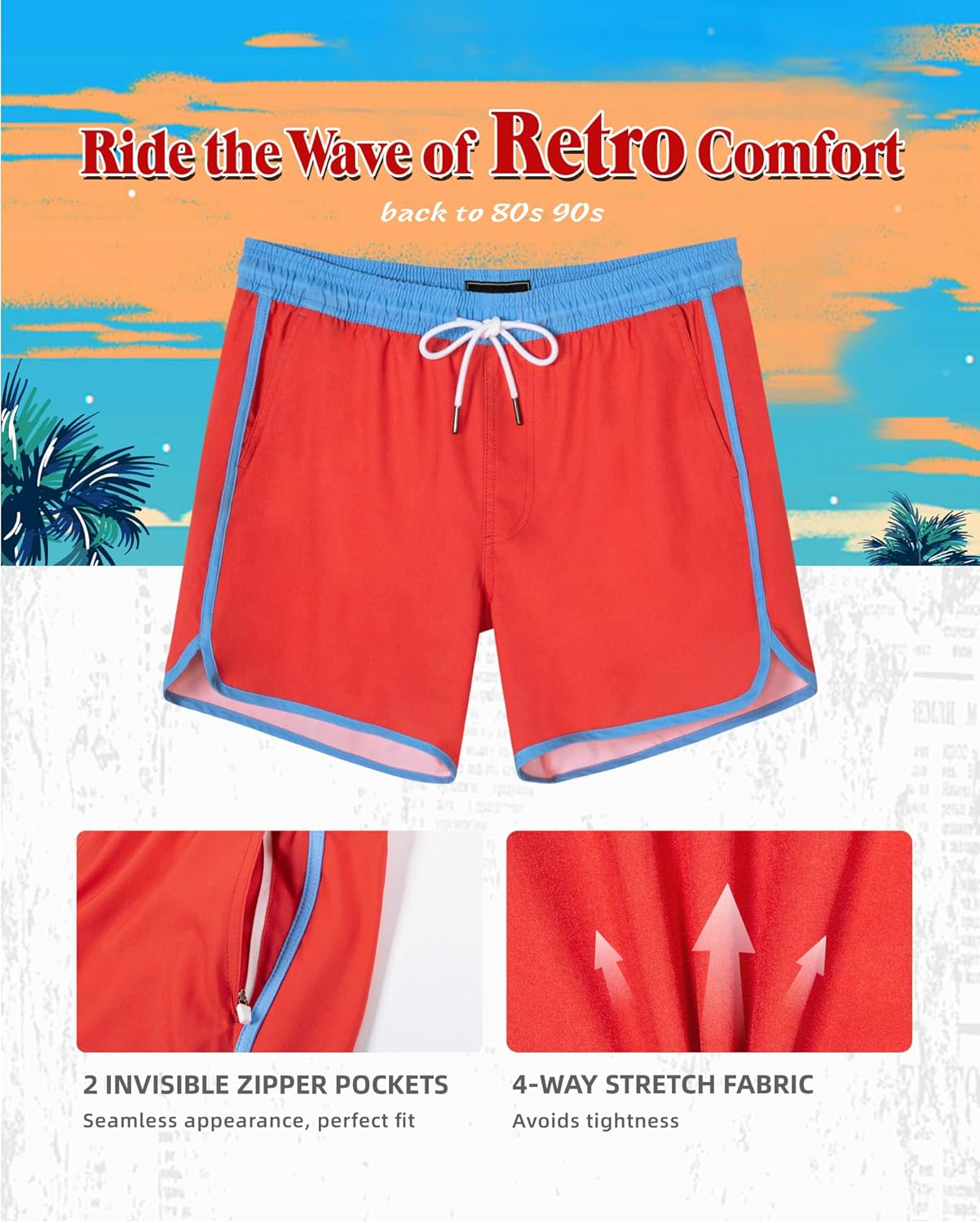 SURF CUZ Mens Swim Trunks with Compression Liner 5" Swimming Trunks 5 Inch Retro Swim Shorts with Zipper Pockets