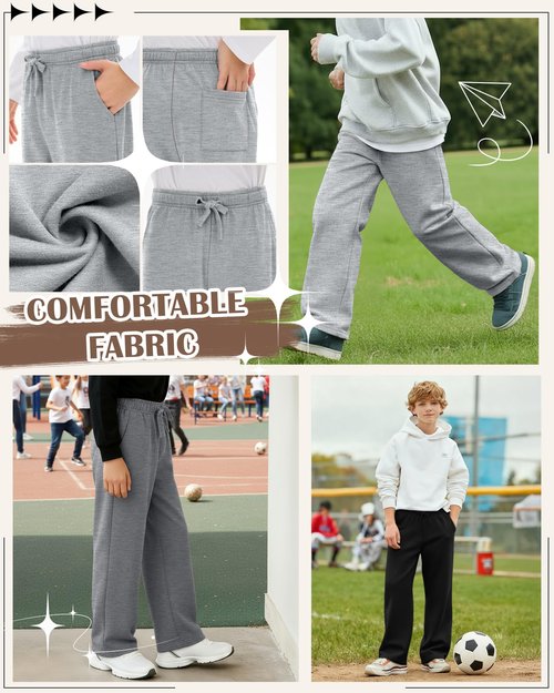 LessonZoo 4 Pack Boys Sweatpants Straight Leg Open Bottom Athletic Joggers Lightweight Elastic Waist Pants with Pockets(Black, Dark Gray, Heather Gray, Light Heather Gray,13-14 Years)