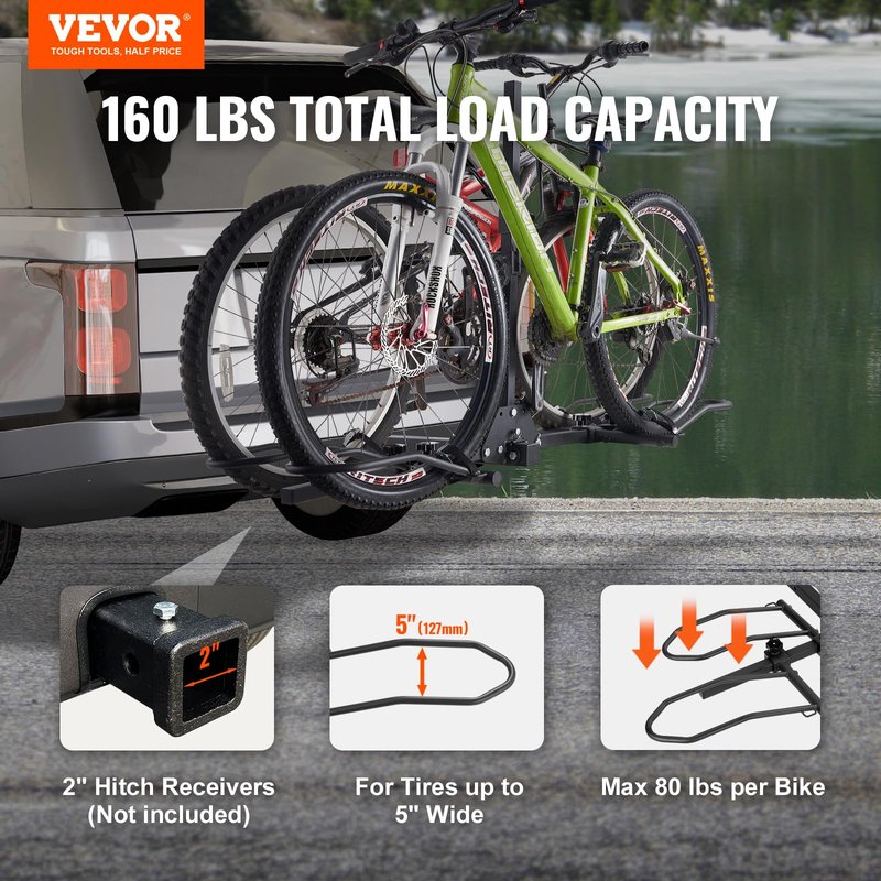 VEVOR Hitch Mount Bike Rack, 160 LBS Capacity Ebike Rack, 2-Bike Platform Style for 2-inch Receiver, Titling and Folding Bike Carrier with Tires up to 5" Wide, for Car, SUV, Truck, RV