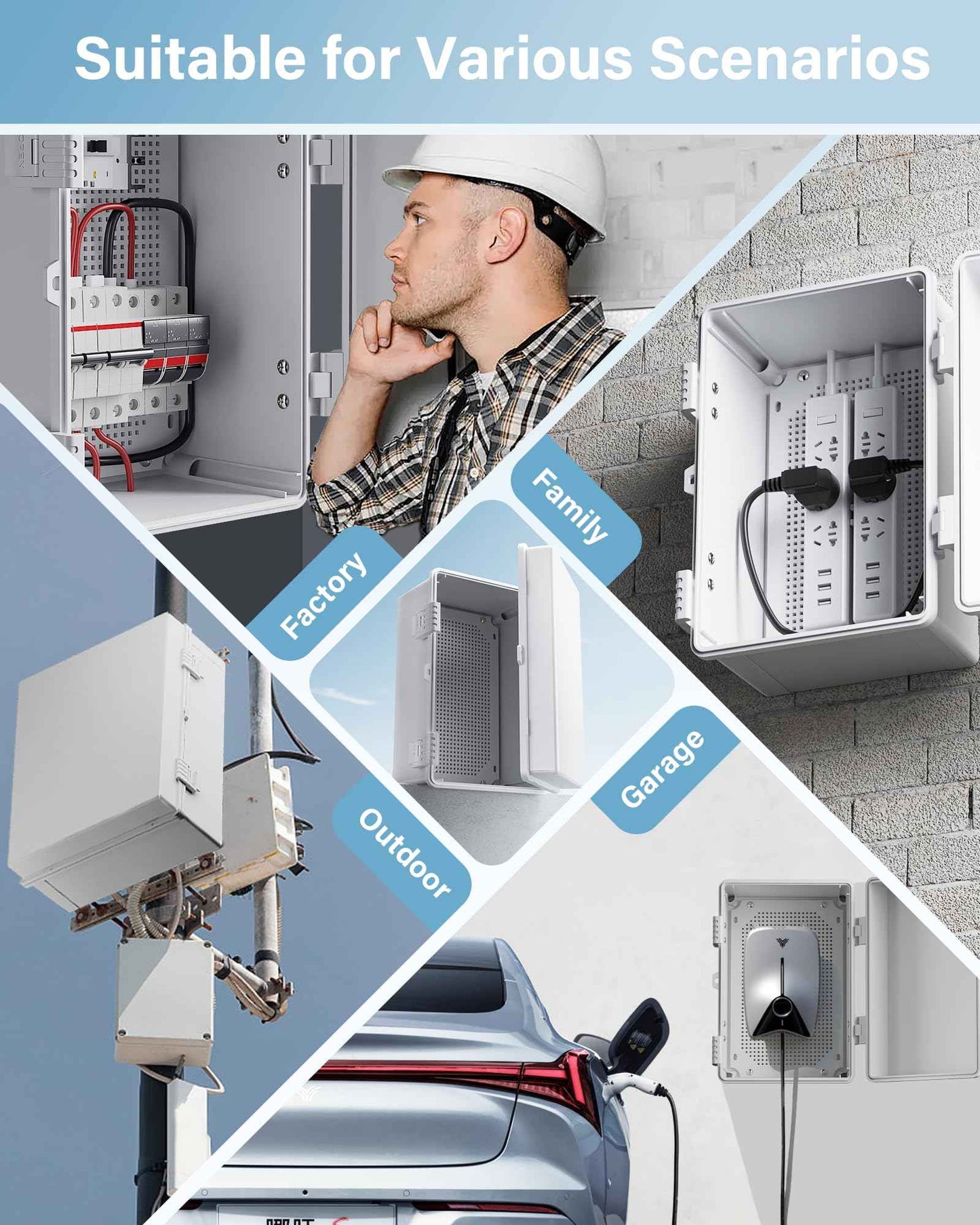 Waterproof Junction Box ABS Plastic, Outdoor Electrical Box IP67 Hinged Cover Project Box with Mounting Plate Wall Brackets and 2 Cable Glands, Grey Electrical Enclosure 8.7"x6.7"x4.3"