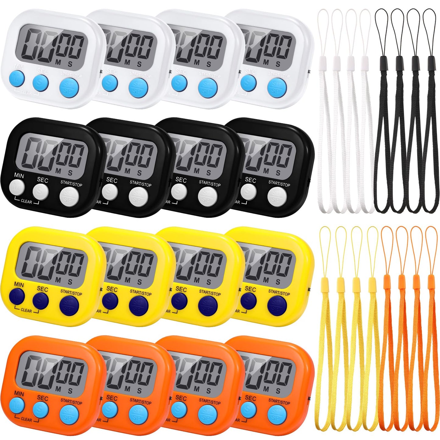 Flutesan 16 Pack Digital Classroom Timers with Lanyards - Color-Coded Countdown Timers for Teachers, Students, Kitchen Use, Back to School, Loud Alarm, Easy Operation(Black, White, Yellow, Orange)