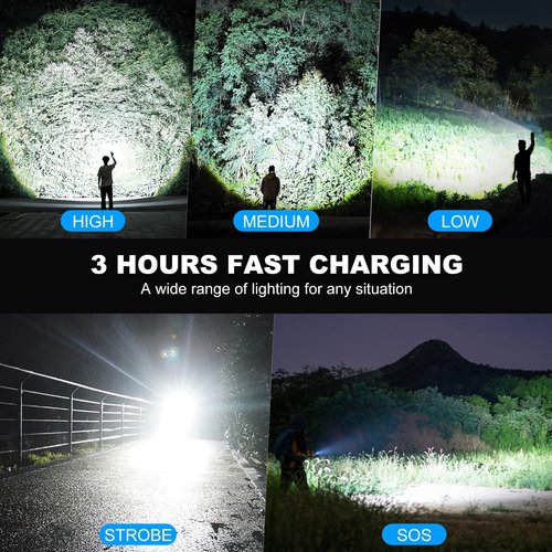 Kmivo Rechargeable Led Flashlight High Lumens - 99,000lm Bright Powerful Flash Light with 5 Modes, Waterproof Handheld Linterna for Home, Camping(3 Packs)
