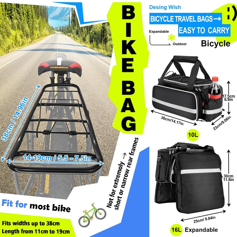 Desing Wish 16L Bike Bags for Bicycle Rear Rack Large Capacity Insulated Bicycle Rack Pouch Ebike Pannier Bag Bike Saddle Seat Pouch for Cycling Trip/Commuter (Black)