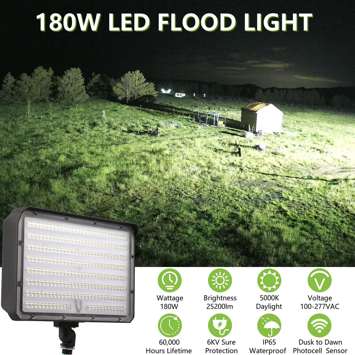 180W Outdoor LED Flood Light Dusk to Dawn with Knuckle, 25200LM 1500W Equivalent, 100-277V 5000K Daylight, ETL Commercial LED Flood Light Fixture, Outdoor Security Lighting for Landscape/Parking Lot