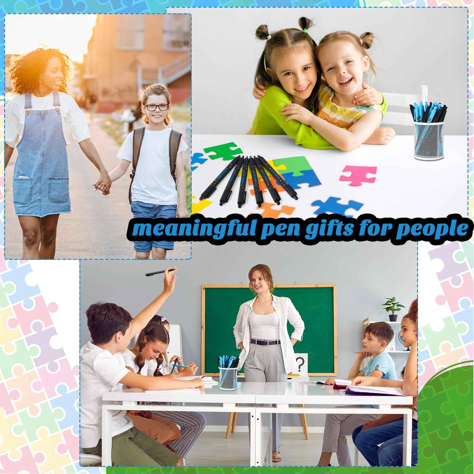Jetec 300 Pcs Autism Awareness Pens Bulk Inspirational Retractable Mental Health Ballpoint Pens Autism Acceptance Gifts Puzzle Asperger's Awareness Gift for Classroom Office Stationery Supplies