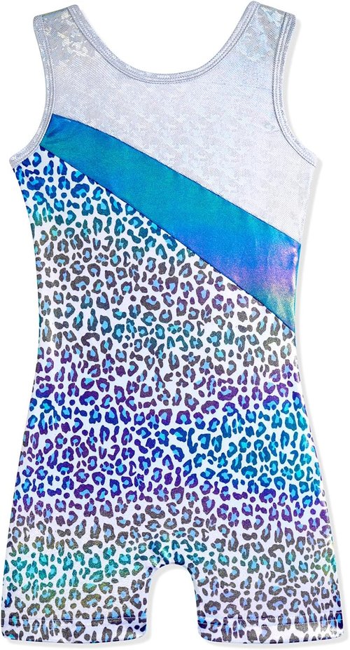 HOZIY Girls' Gymnastics Leotard - Snowflake Ribbon Design in Blue, Purple & Hot Pink Sparkle