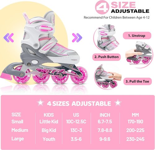 2PM SPORTS Cytia Pink Inline Skates - Adjustable Roller Skates with Light-Up Wheels for Kids