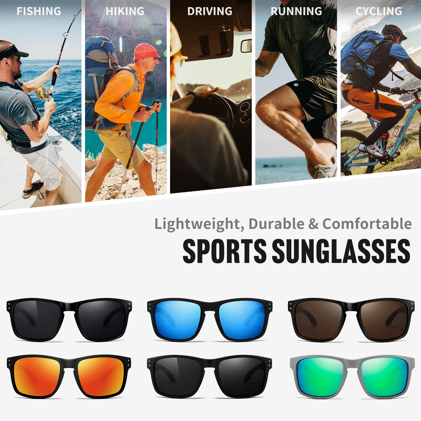 SUNGAIT Polarized Sports Sunglasses for Men Women: Black Retro Square Shades UV400 for Driving Fishing Cycling Running Golf