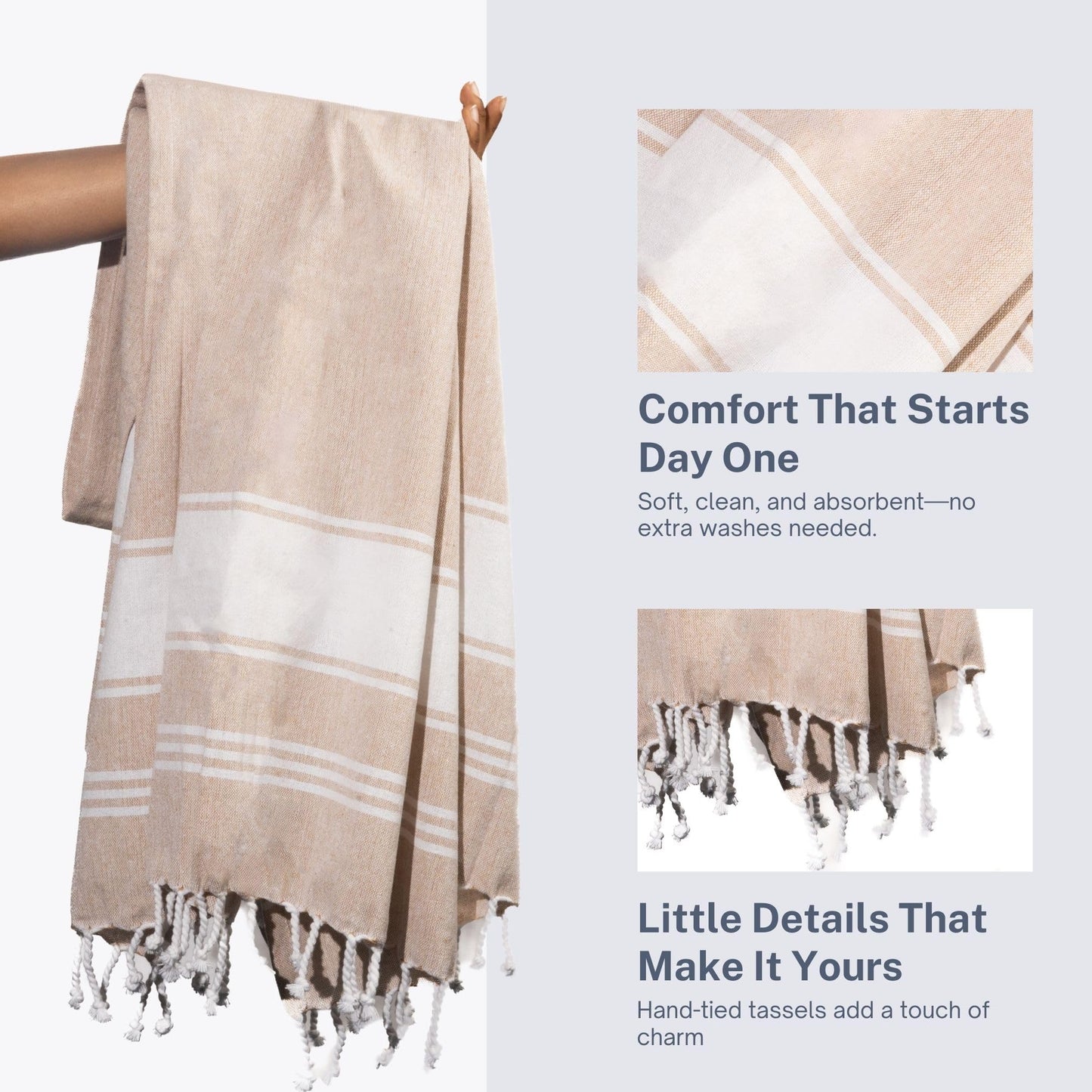 9Threads Cotton Turkish Beach Towel with Towels Oversized 36"x72" Pool Absorbent Extra Large Quick Dry Sand Travel Towel (Beige, 4 Pack)