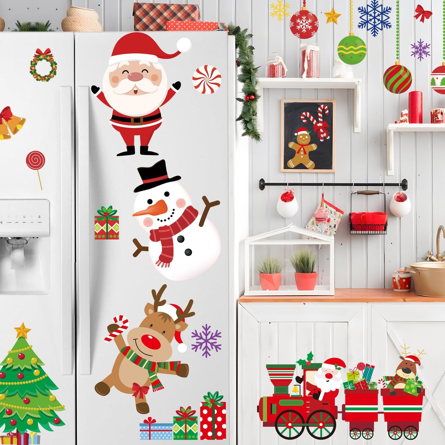 94 Pcs Christmas Wall Stickers Decals Removable Merry Christmas Wall Decorations Xmas Ball Tree Snowman Santa Reindeer Walls Decals for Xmas Party Home Office Walls Decorations