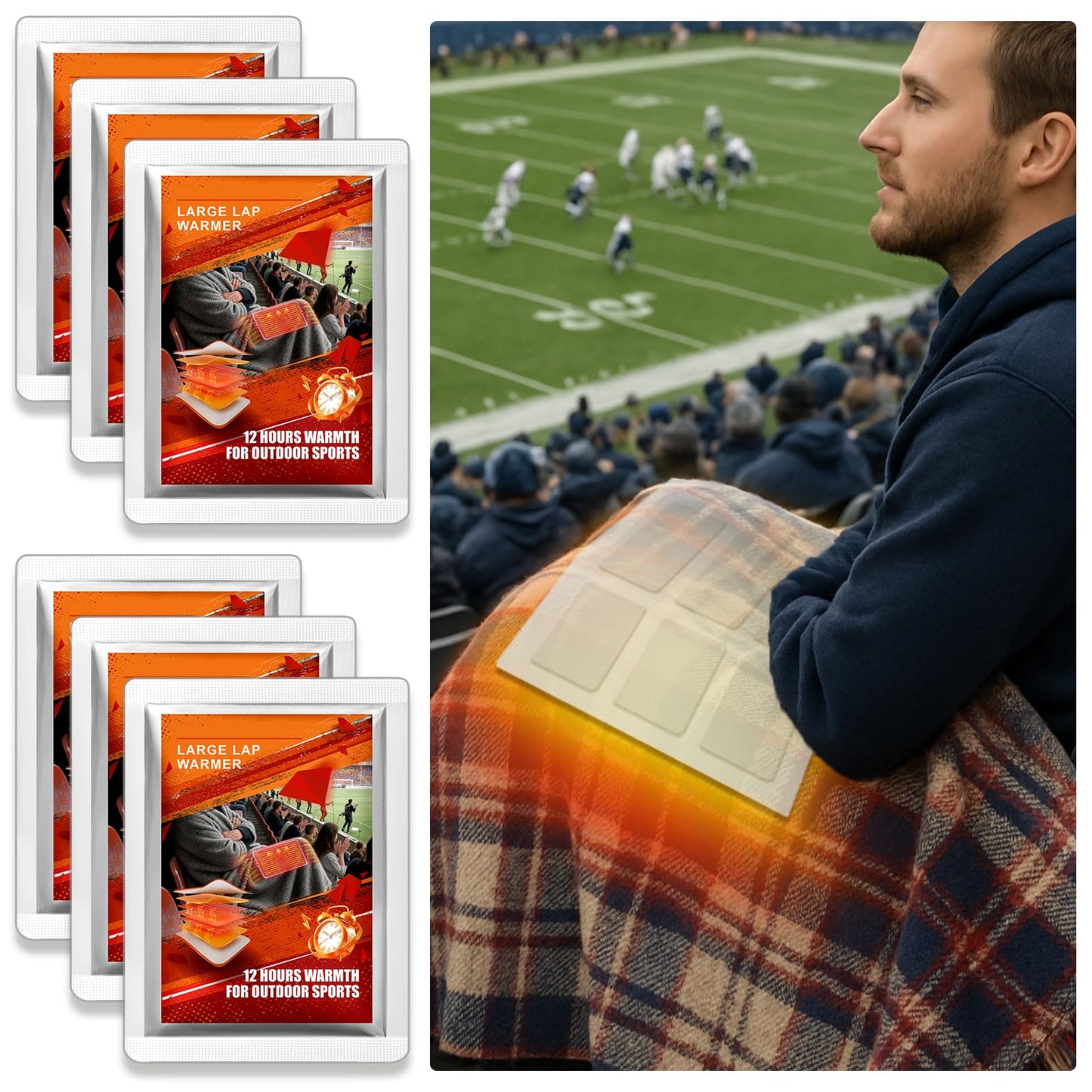 16" x 12" Extra Large Lap Warmers, Up to 12 Hours of Long Lasting Heat, Disposable Body Warmers for Football Games, Camping, Cold Weather and Temporary Emergency, Single Use, Air Activated – 6 Pack