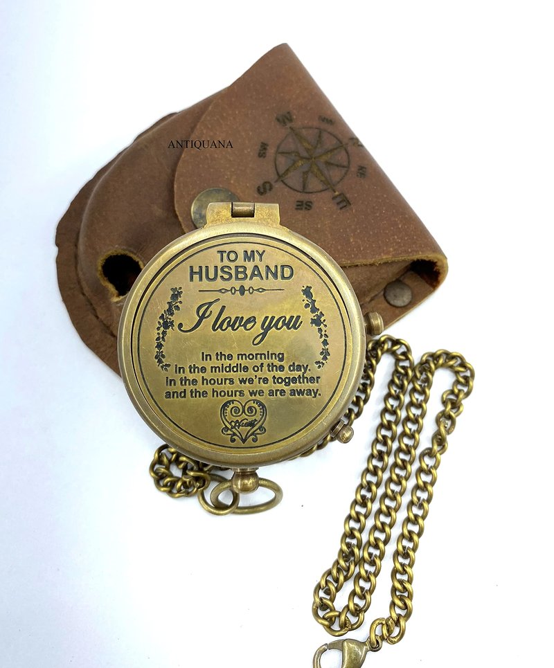 ANTIQUANA Brass Compass Unique Print To My Husband Compass With Leather Case Antique Brass Compass With Chain A Great Gift Item For Your Loved Ones Hikers And Traveler By