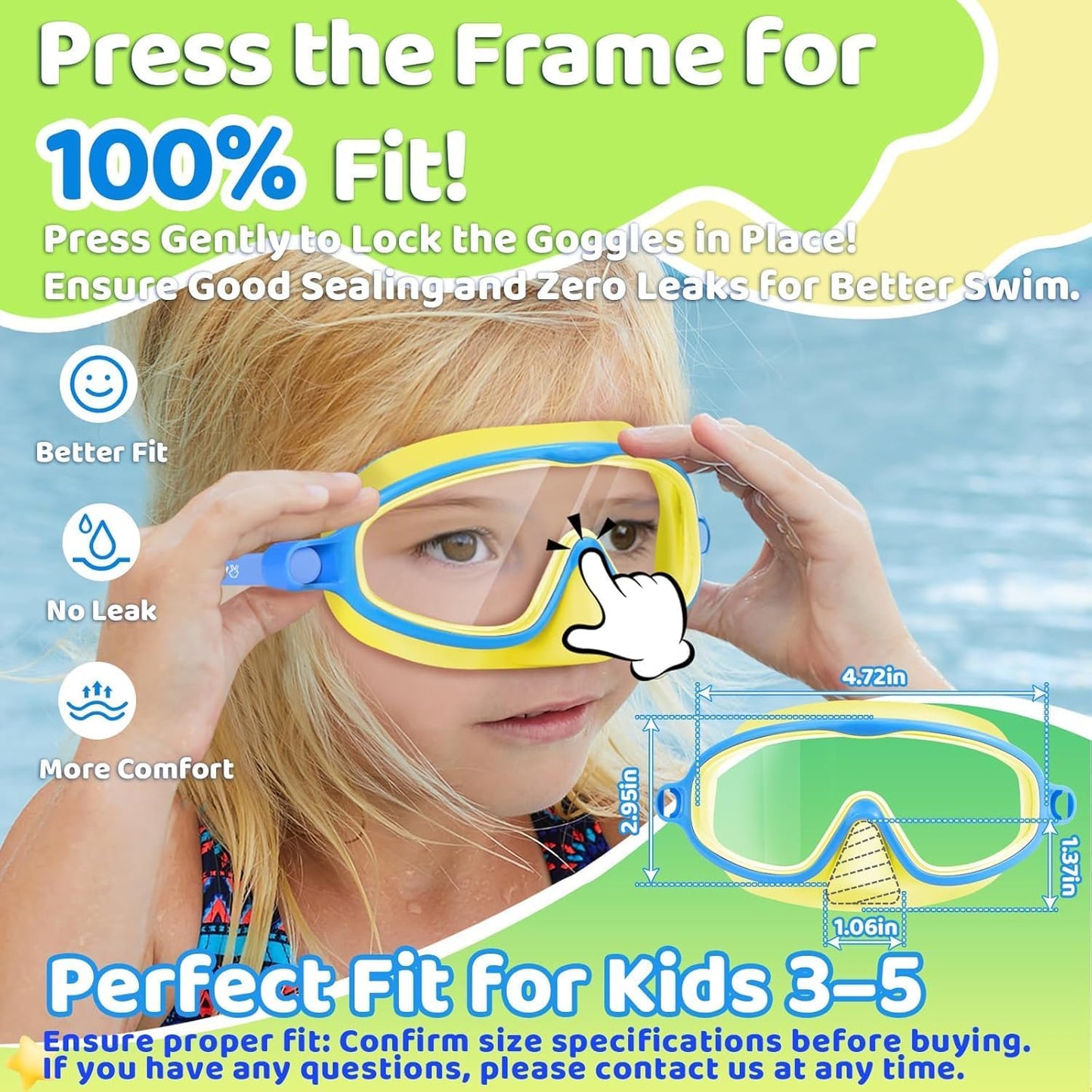 Vvinca Kids Swim Goggles - Anti-Fog Diving Mask with Nose Cover | Wide View, UV Protection for Ages 3-5