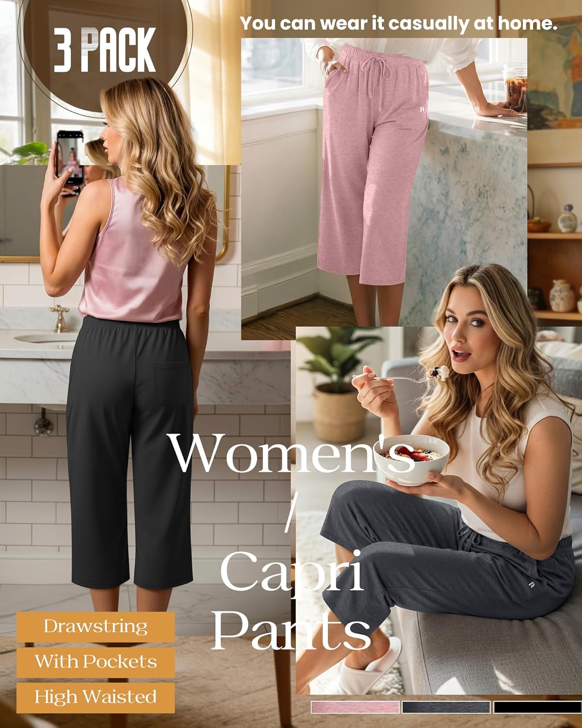 Neer Women's Capri Pants - Wide Leg Casual Sweatpants with Pockets | 3-Pack, Comfortable Fit