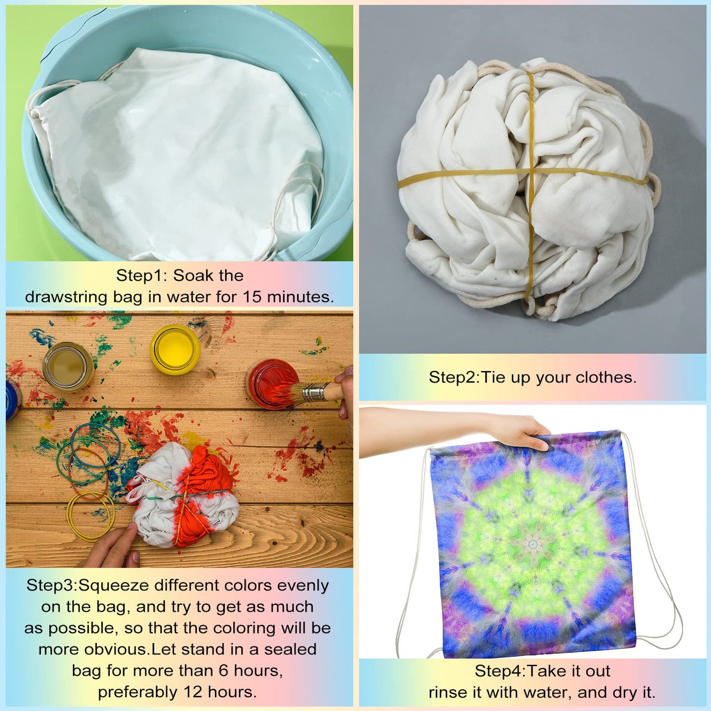 Saintrygo 100 Pcs Tie Dye Drawstring Bags Cotton Sublimation Blank Backpack Bulk Tie Dye Kits Things for Large Groups, 14"x16"