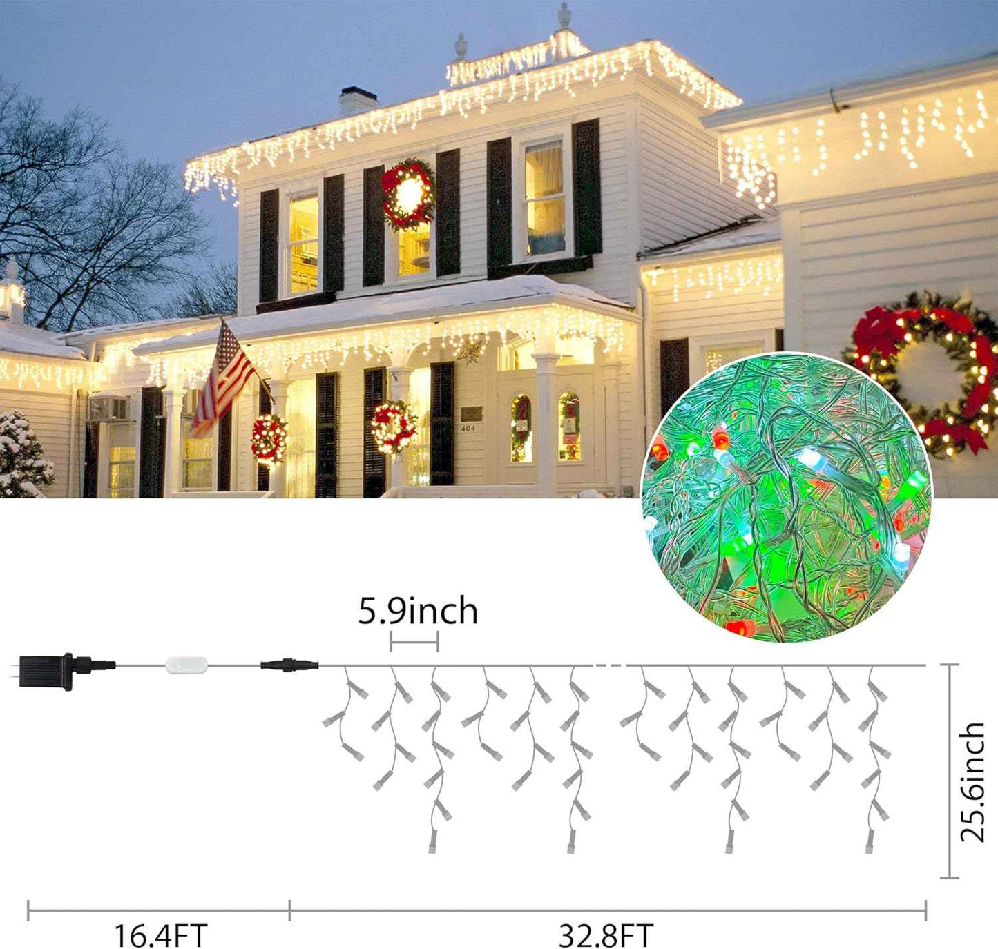 33FT Smart RGB Icicle Lights with 299 LED Drops - App & Remote Control, Music Sync Waterproof Christmas String Lights for Patio & Party Decor