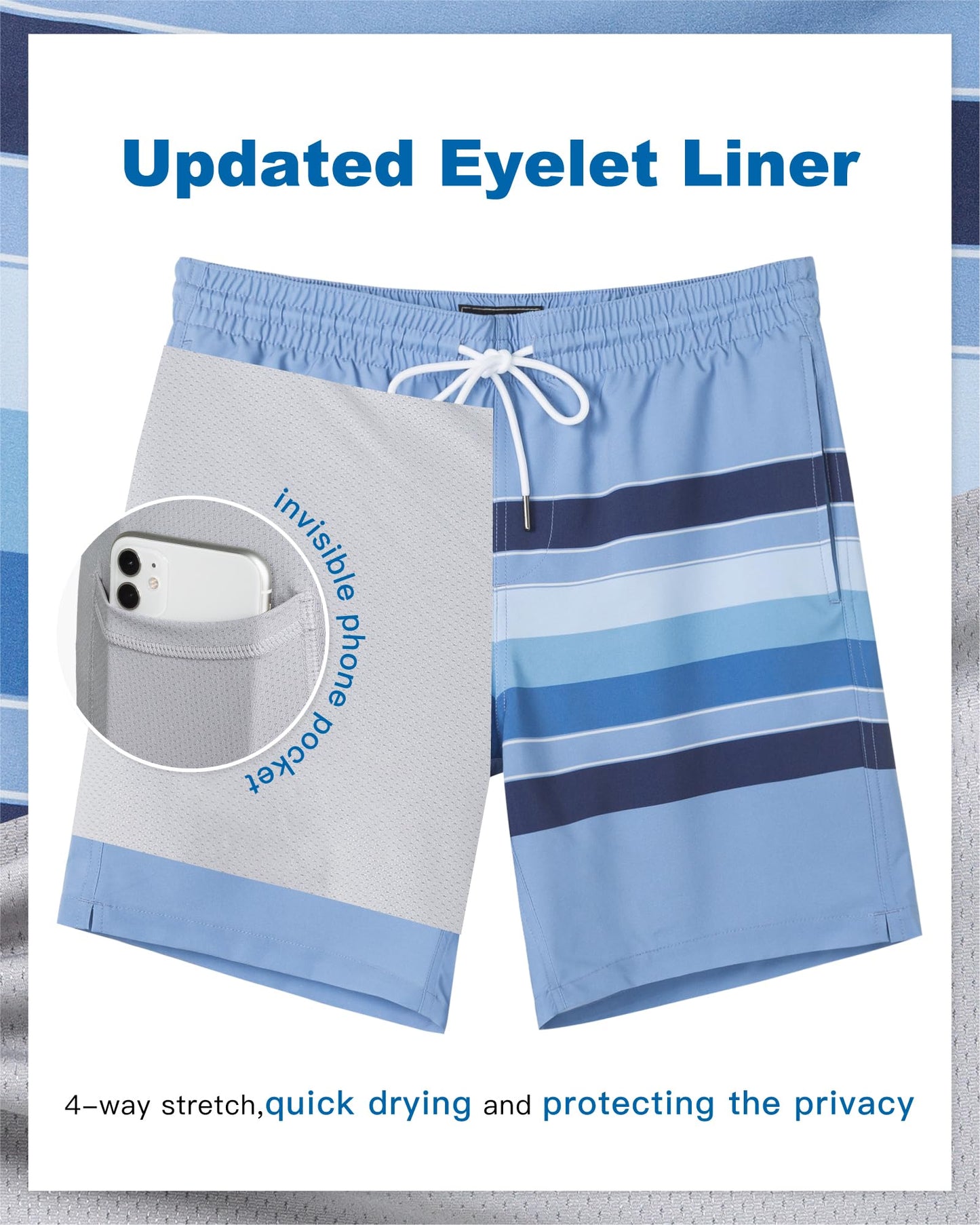 SURF CUZ Mens Swim Trunks with Compression Liner Quick Dry Swim Shorts 7" Swimming Trunks Stretch Bathing Suit 7 Inch,Blue Stripes,XL