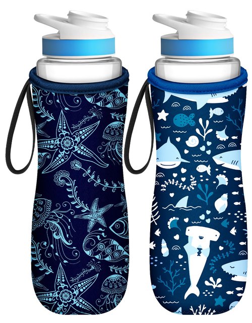 Toykee Water Bottle Sleeve for Cirkul 32 oz - 2 Pack Bottle Cover Holder Carrier with Handle Strap Navy Blue Shark Ocean Marine Print for Kids