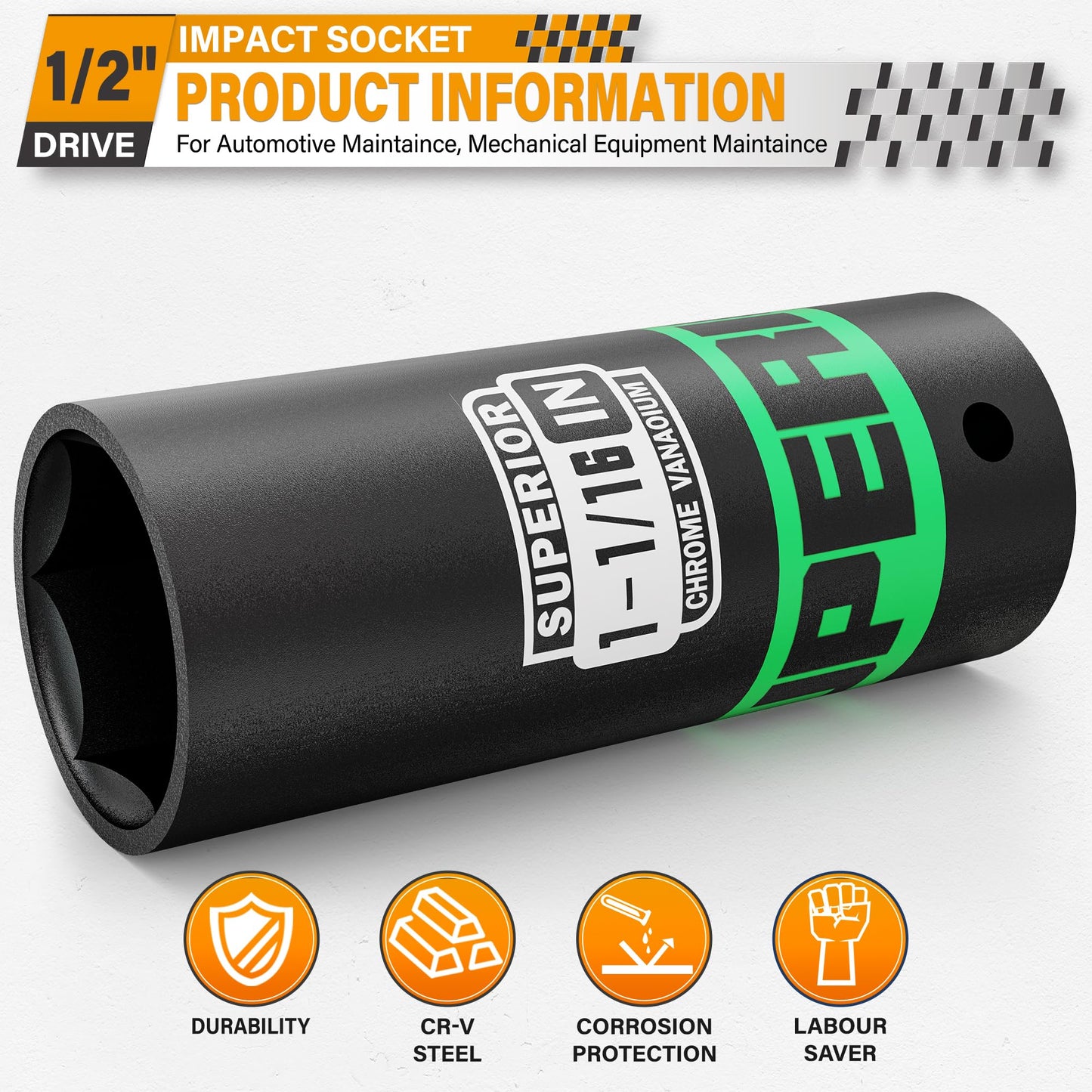 Aiourx 1/2" Drive Impact Socket, 1-1/16 inch Deep Socket, SAE, 6 Point, CR-V, for Car Repair, Loosen the Fastening Nut