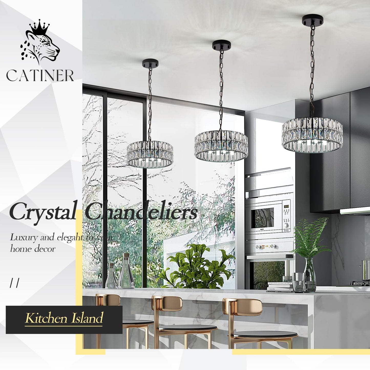 CATINER Crystal Pendant Light 4-Light Modern Black Chandelier Small 12” Crystal Semi Flush Mount Ceiling Light Round for Kitchen Island Foyer Hallway