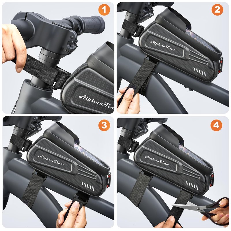 Alphantino Bike Phone Holder Bag - Waterproof Bicycle Frame Bag Hard Case Large Capacity Top Tube Front Frame Cycling Mount Accessories Pouch, TPU Touch-Screen & Sun-Visor (Red Zipper)
