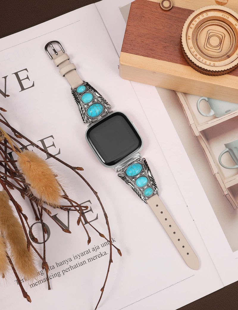 Minyee Leather Band Compatible with Fitbit Versa 2/Versa 1/Versa Lite Bands Women, Turquoise Western Boho Vintage Cowboy Retro Jewelry Ethnic Designer Cute Fancy Style Replacement Strap for Versa 2