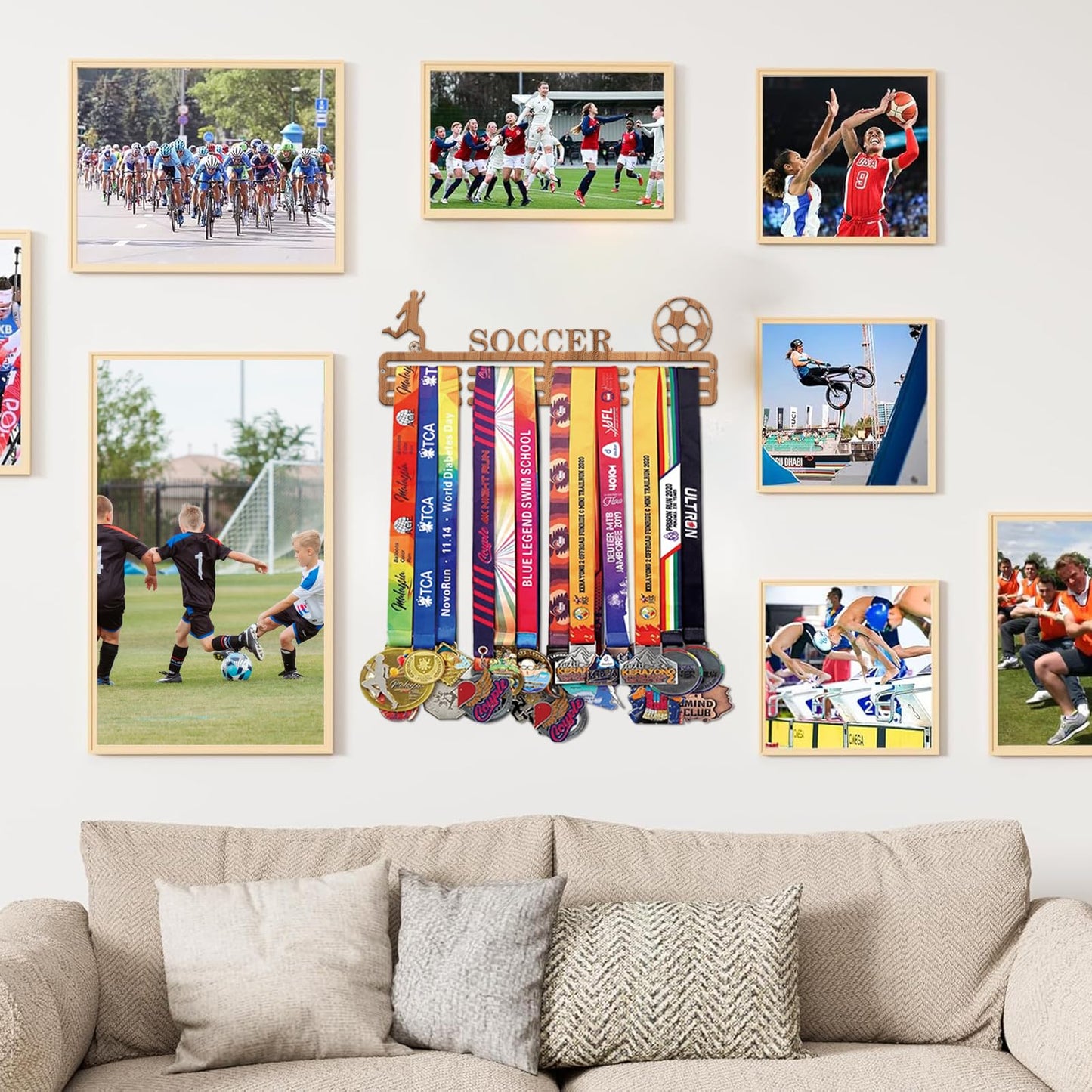 Resama World Cup Soccer Medal Hanger Holder Display Rack for Awards Ribbons Personalized Medal Sports Themed Race Ribbon Holder for Wall Metal Display for Men Boy Girl Kid Wooden