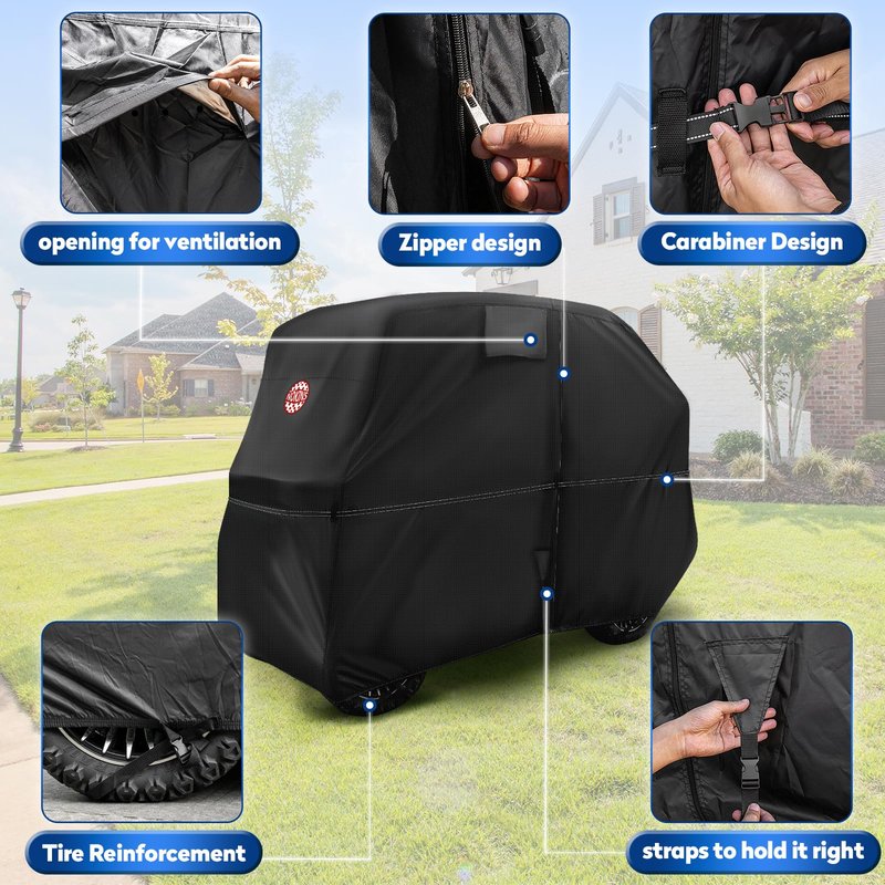 NOKINS 420D Waterproof 2+2 Specialized Golf Cart Cover,Oxford Fabric Cover Fit for Most Standard 2+2 Seater Golf Cart EZGO, Club Car, Protects Your Car from Wind and Rain,Black