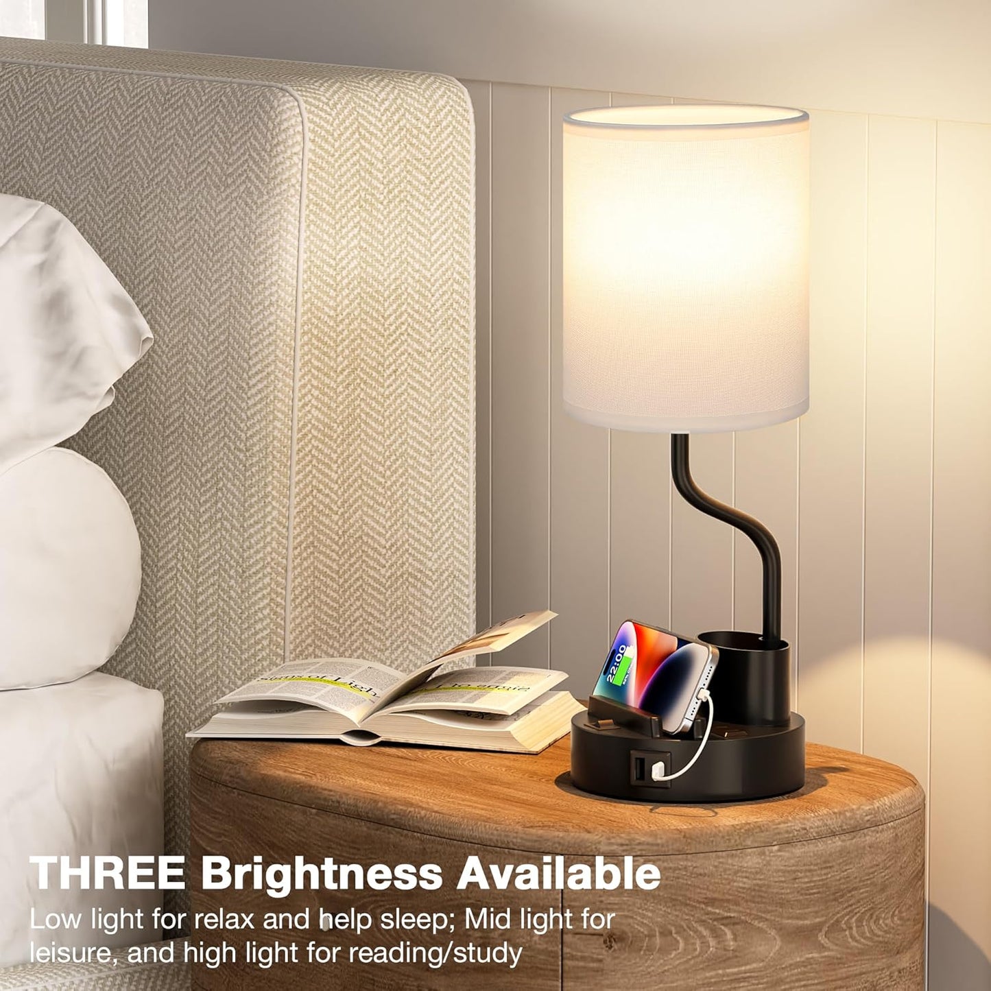 Set of 2 Bedside Table Lamps with USB & AC Outlet - 3 Color Temperatures, Desk Light & Phone Stand for Bedroom, Living Room, Office