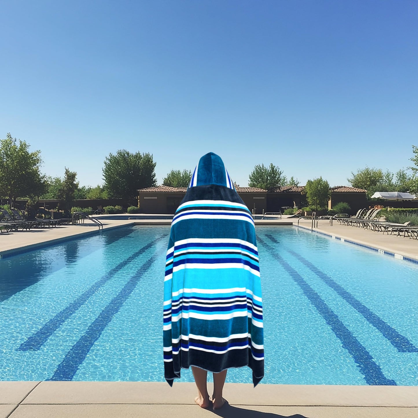 COTTON CRAFT Hooded Beach Towel – Oversized 39 x 68 Towel with Hood for Adults - 100% Ringspun Cotton Velour Terry Towel Stripe Bath Wrap - Super Soft Plush Absorbent Quick Dry – 450 GSM – Cancun Blue