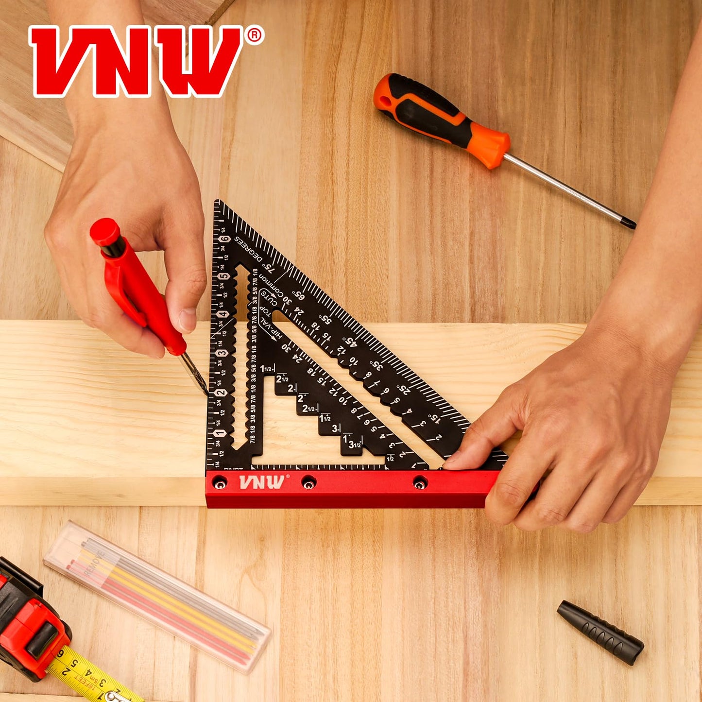 VNW 7inch Rafter Square with Carpenter Pencil, 1/8" Precision Heavy Duty Aluminum Woodworking Rule,Triangle Ruler Measuring Layout Tool (Black, Rafter Square)
