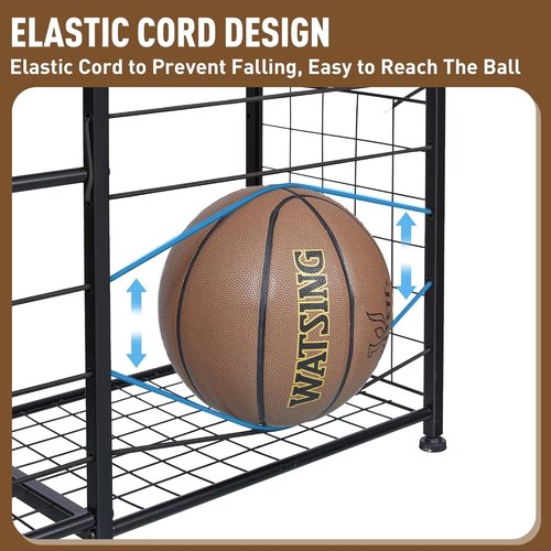 Garage Sports Equipment Organizer - Mobile Ball Storage Rack with Elastic Rope | Indoor/Outdoor Use, Black