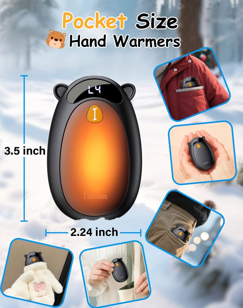 Taiofan Electric Hand Warmers Rechargeable, Cute Bear Design, LED Display, 4 Settings, Fast Heating Portable Pocket Heater Magnetic Handwarmers 2 Pack for Hunting Essentials Camping Gift for Men Women