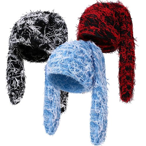Cutecrop 3 Pcs Bunny Beanie Bunny Ears Hat Fluffy Warm Hat Faux Fur Fuzzy Y2k Furry Winter Hats Long Rabbit Ear Plush Beanie(Red and Black, Blue and White, Black and White)