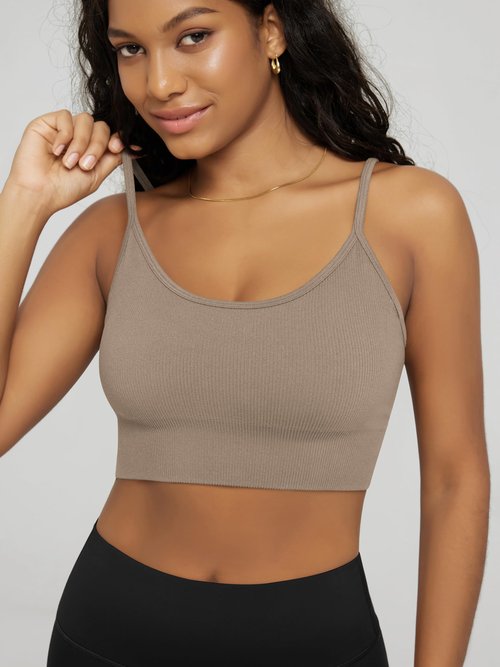 ODODOS 3-Pack Seamless Sports Bra for Women Ribbed Camisoles Non Padding Yoga Bra Crop Tank Tops, Taupe+Black+Charcoal, X-Large