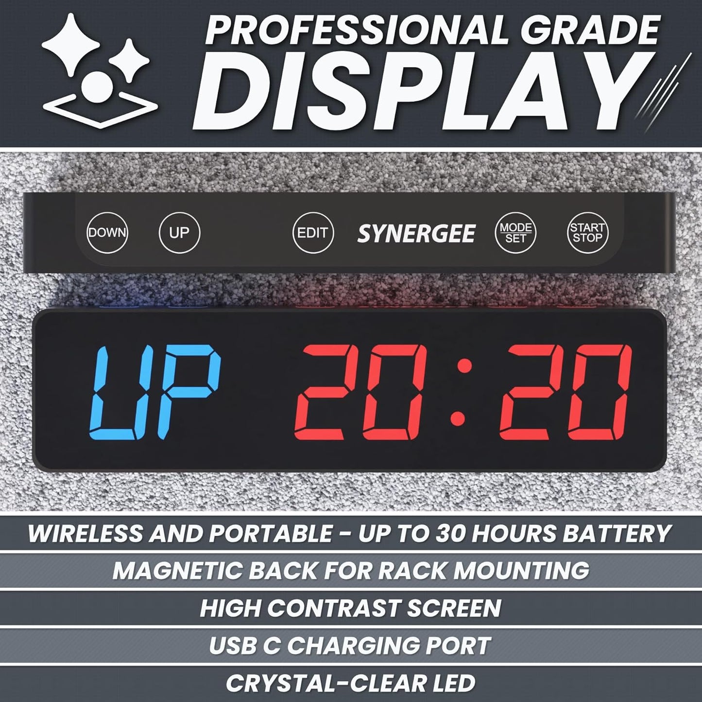 Synergee Magnetic Gym Timer Clock - Powerful LED Display, 30-Hour Battery Life | Ideal for Home Gym & Workouts