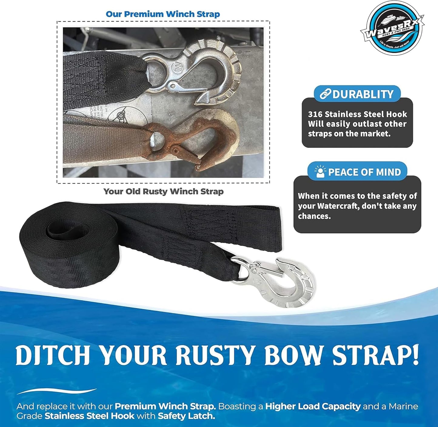 WavesRx Winch Strap Replacement for Boat & Jet Ski Trailers - Marine Grade SS 316 Alloy | Durable & Reliable