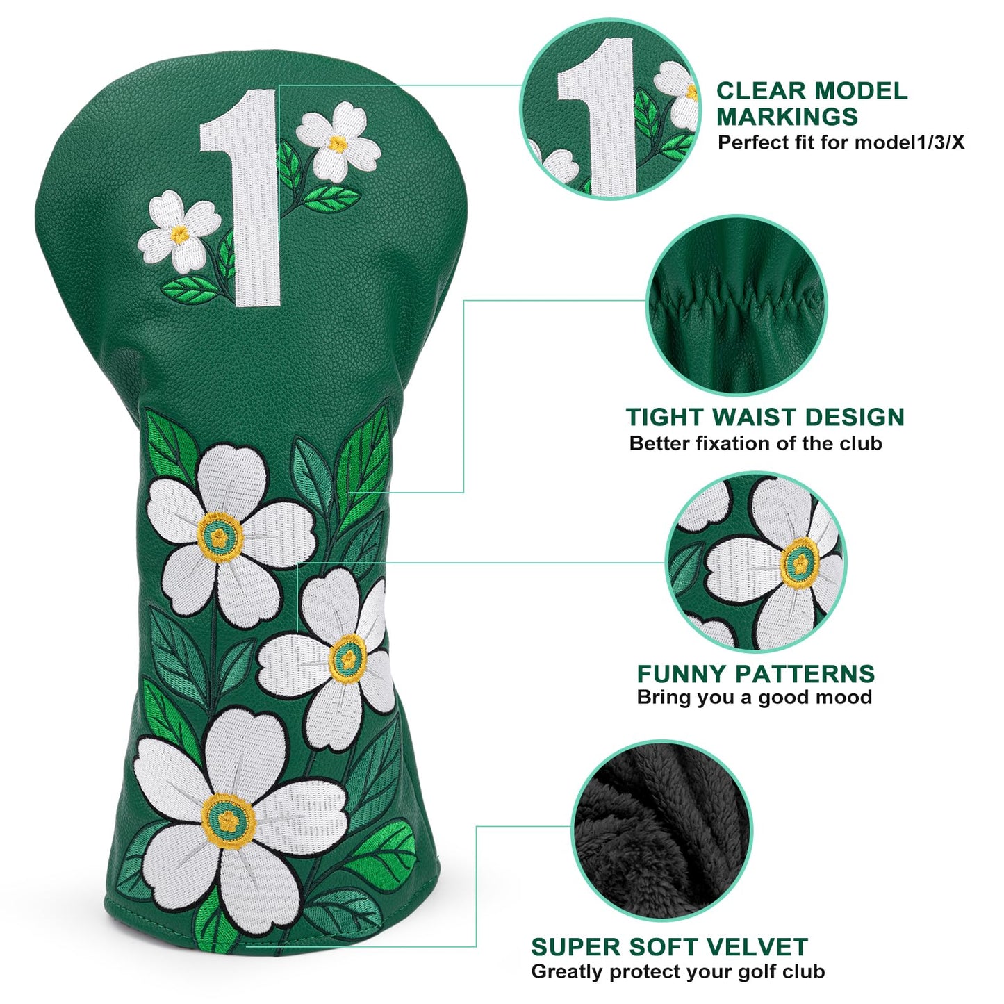 Golf Club Covers for Women Men Golfers, Green with Blooming Flowers Golf 3 Wood Cover Fairway Wood Headcover Rotatable # 3 4 5 7 X, Great Golf Gifts for Women (Fairway Wood Cover)
