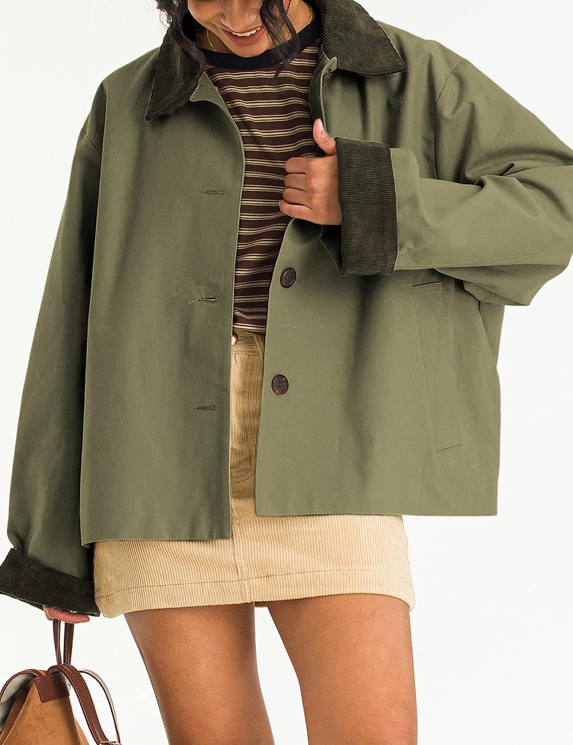 Viefent Women's Crop Trench Coat - Casual Button Down Jacket with Pockets | Army Green, Long Sleeves