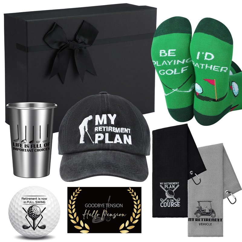 Skylety 8 Pcs Retirement Golf Gift Set for Men Include Stainless Steel Cup Cap Socks Card Towels Ball with Box for Dad Grandpa Golfer Lovers Fathers Day Golf Gifts