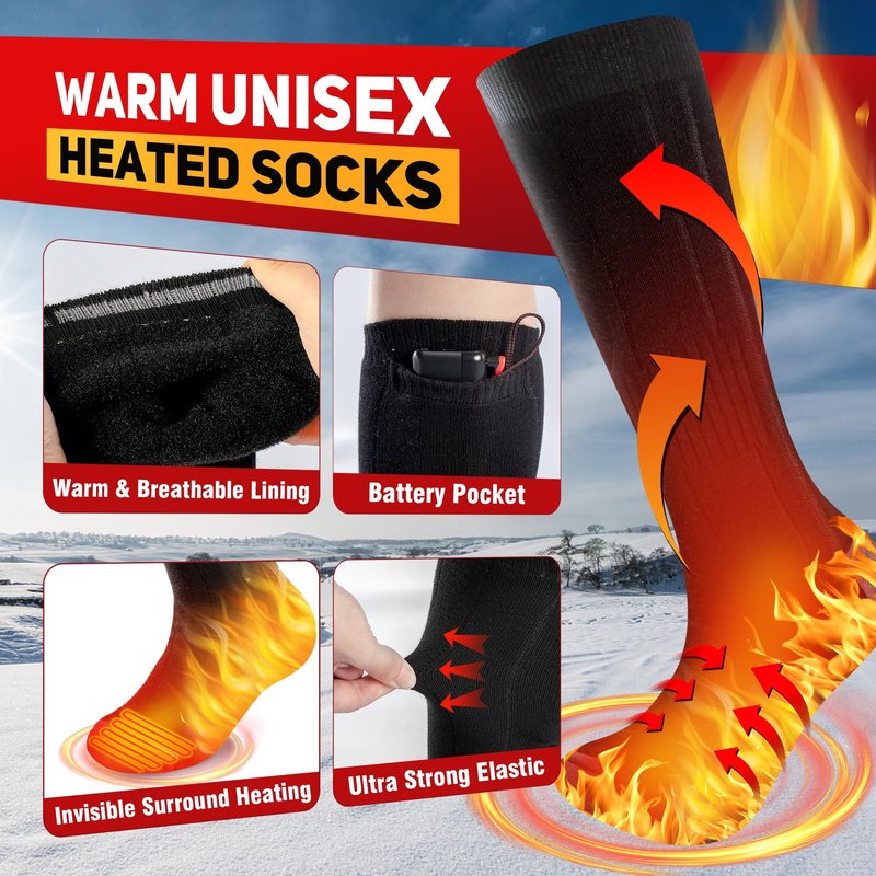 Heated Socks for Men Women, Foot Warmer with Rechargeable Battery Powered, 3Levels Temperatures Setting,Thermal Heating Electric Socksfor Winter Outdoor Sports, Camping, Hunting, Hiking Black
